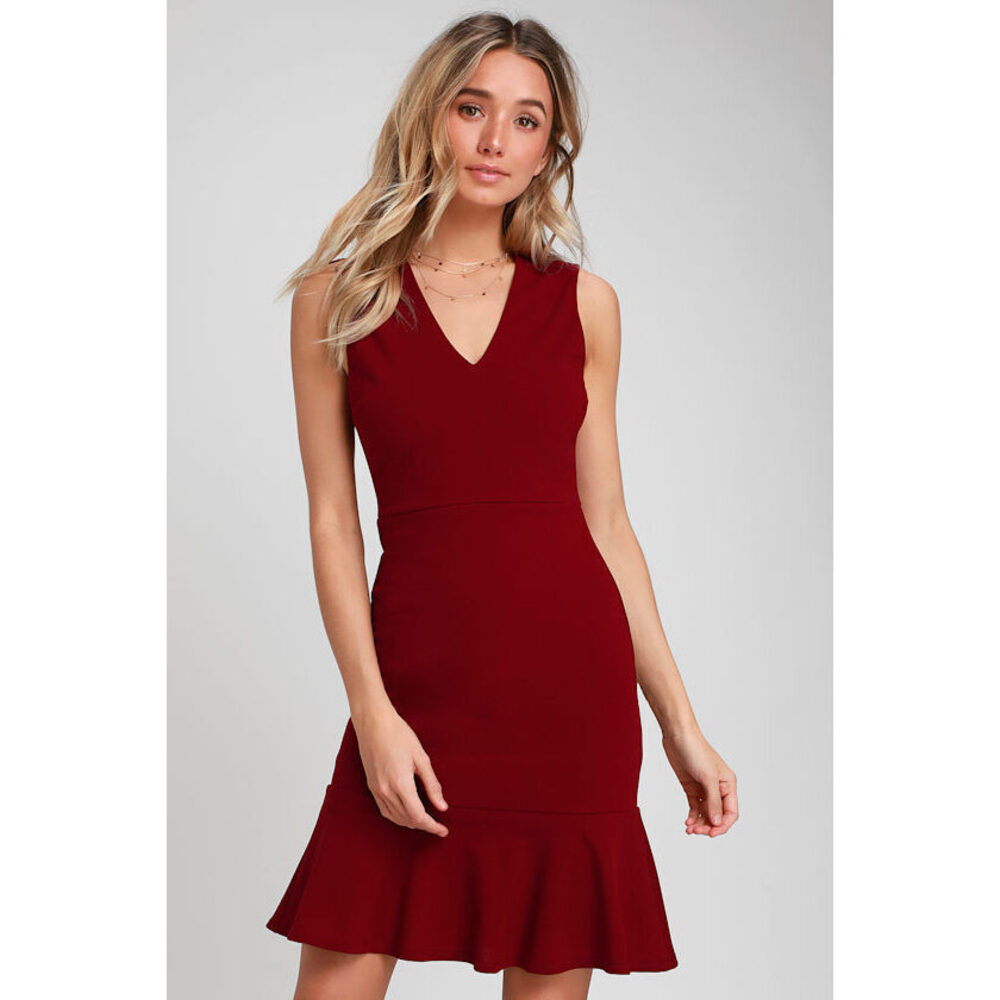 Lulus Dashing Dame Wine Red Sleeveless Flounce Dress - Size S
